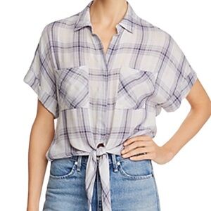 BELLA Dahl Grey White Plaid Tie Front Short Sleeve Top Medium